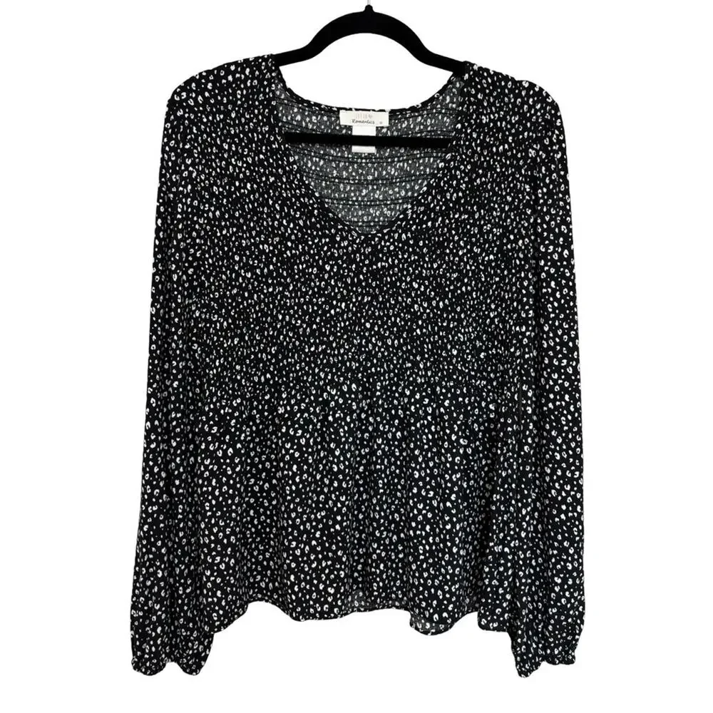 NEW Urban Romantics Smocked Babydoll V-Neck Blouse in Micro Animal Print XL